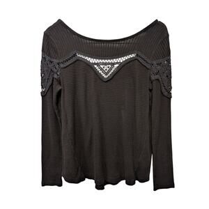 Free People Boho Black Lace Cutouts Waffle-Knit Boatneck Cottagegoth Fairy Small